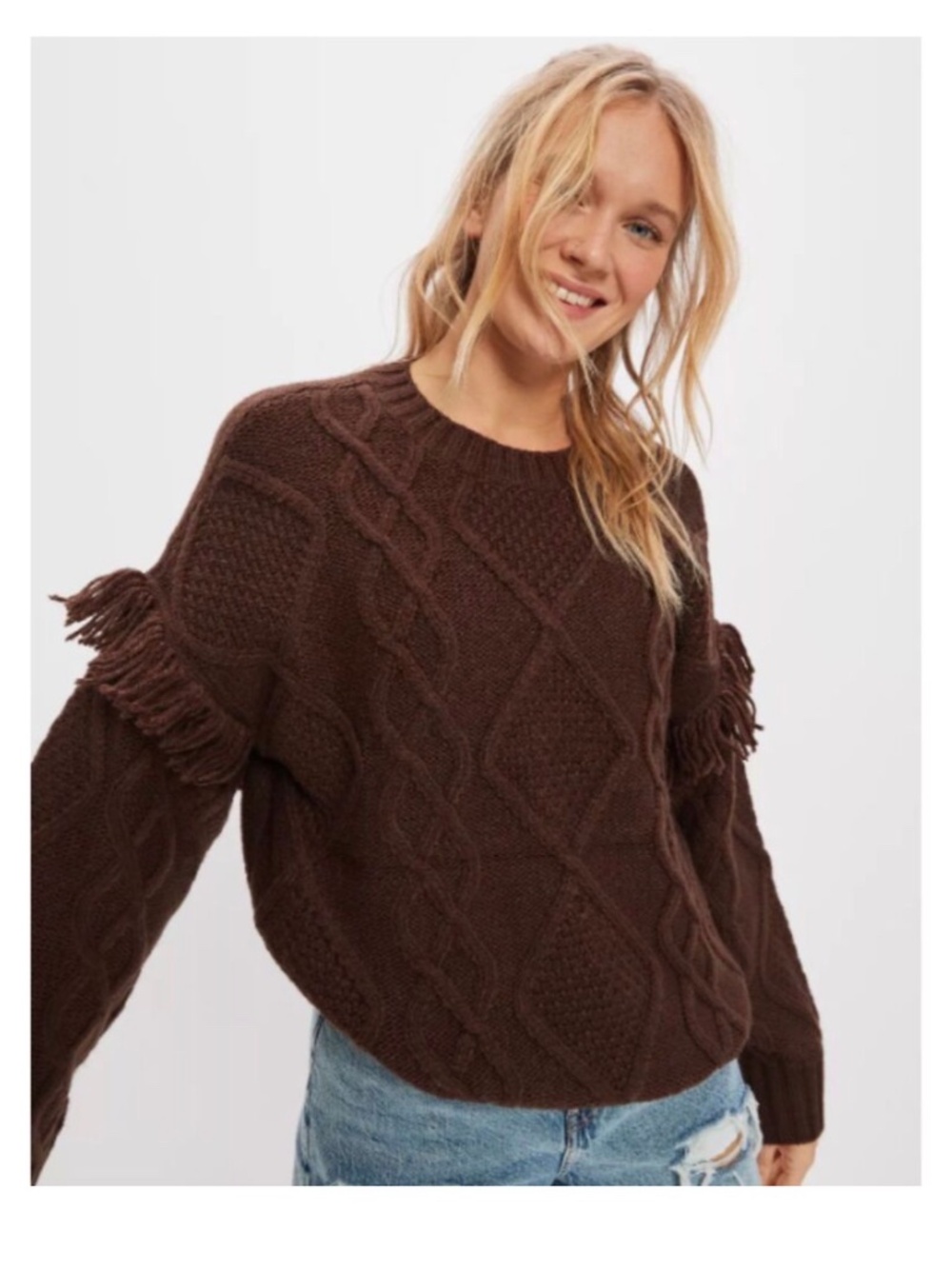 American eagle fringe sleeve cable knit sweater size large in brown (207)